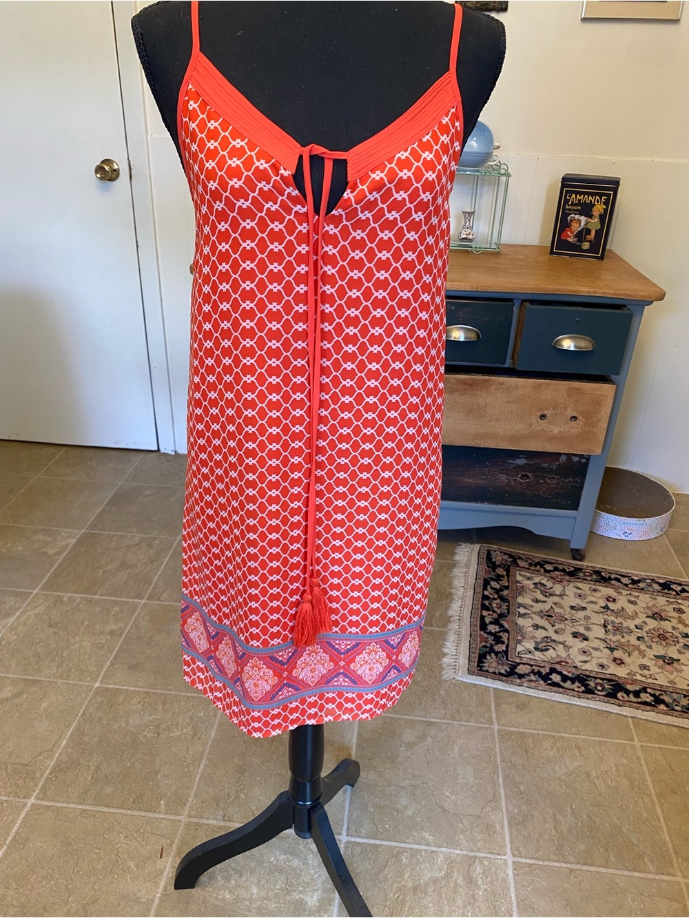 Red Printed Spaghetti-Strap Dress